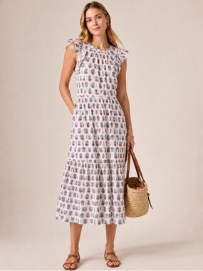 J.Crew Block Print Tiered Midi Dress Size 6 Pink Green Cotton